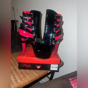 Black/Red Strap Leather Pleasers Platforms